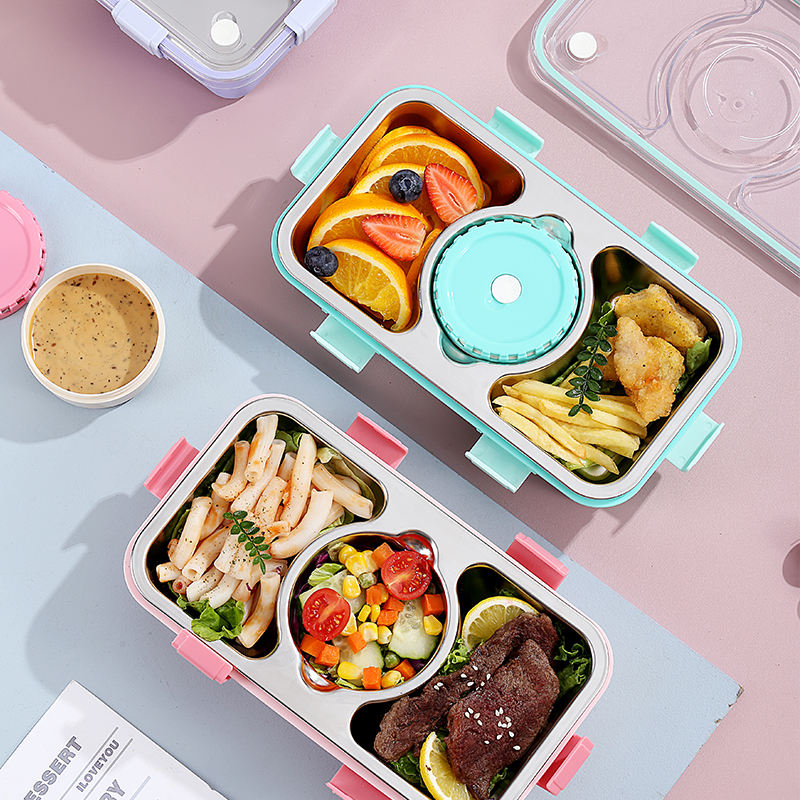 Mini Muffets Stainless Steel 3 Compartments Bento Insulated Lunch Box Airtight & Leak-Proof for Kids & Adults