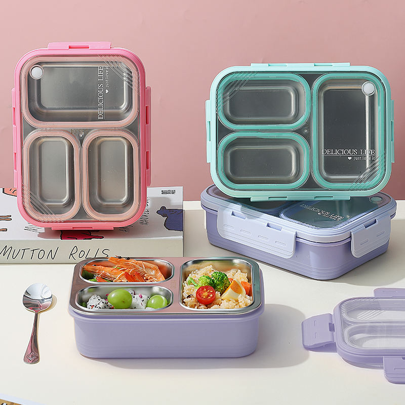 Mini Muffets Stainless Steel 3 Compartments Bento Lunch Box Airtight & Leak-Proof for Kids & Adults with 4-Sided Lock