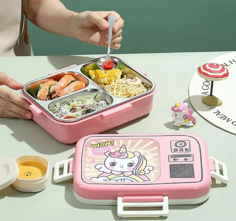 Mini Muffets Kids Unicorn Spaces Panda Themed Stainless Steel Bento Leakproof Lunch Box with 3 Compartment