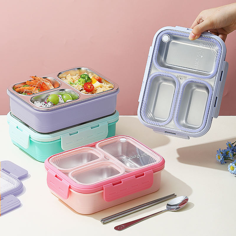Mini Muffets Stainless Steel 3 Compartments Bento Lunch Box Airtight & Leak-Proof for Kids & Adults with 4-Sided Lock