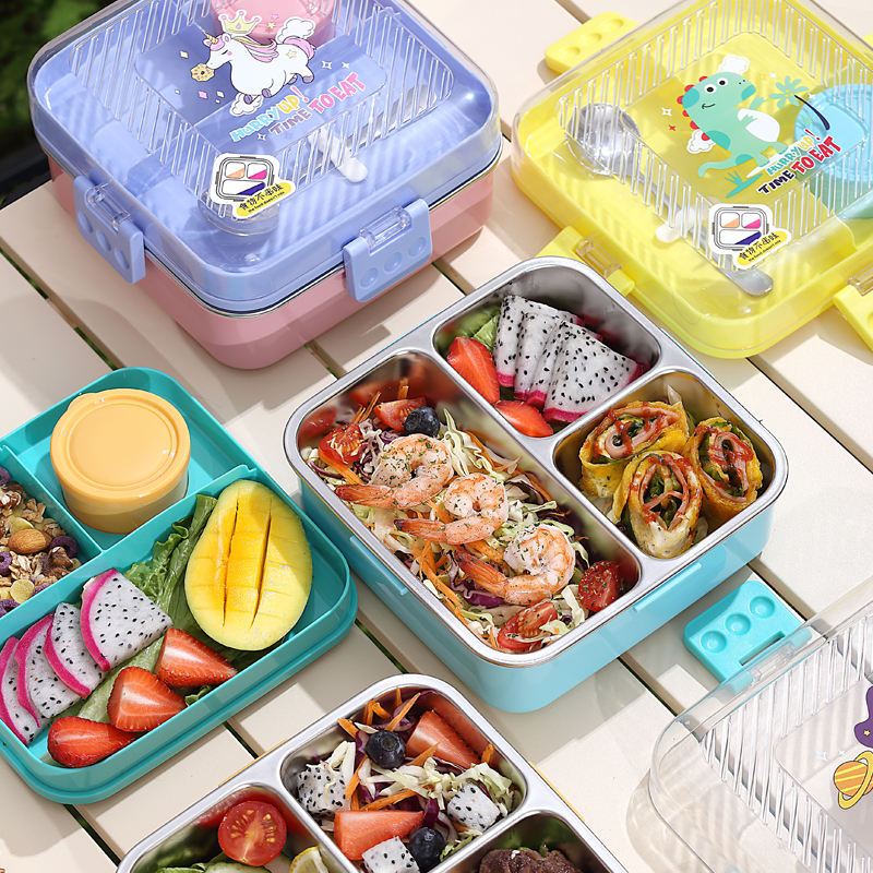 Mini Muffets Cute Themes Stainless Steel Bento Leak-Proof Lunch Box for School, 3-Compartment, Sauce Jar & Spoon