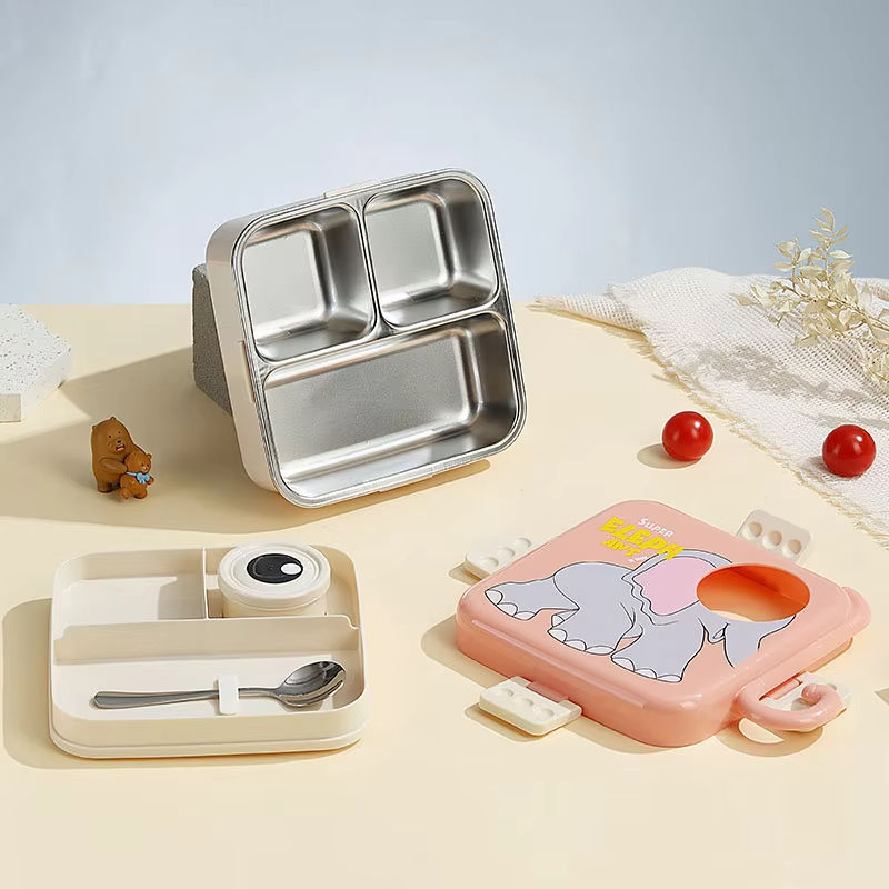 Mini Muffets Kids Elephant Theme Stainless Steel Bento Lunch Box for School, 3-Compartment, Sauce Jar & a Spoon, Leak-Proof with Seal-Ring