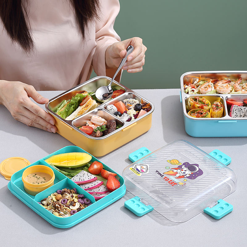 Mini Muffets Cute Themes Stainless Steel Bento Leak-Proof Lunch Box for School, 3-Compartment, Sauce Jar & Spoon