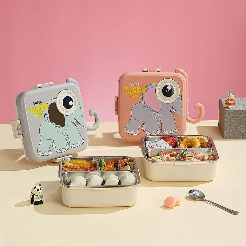 Mini Muffets Kids Elephant Theme Stainless Steel Bento Lunch Box for School, 3-Compartment, Sauce Jar & a Spoon, Leak-Proof with Seal-Ring