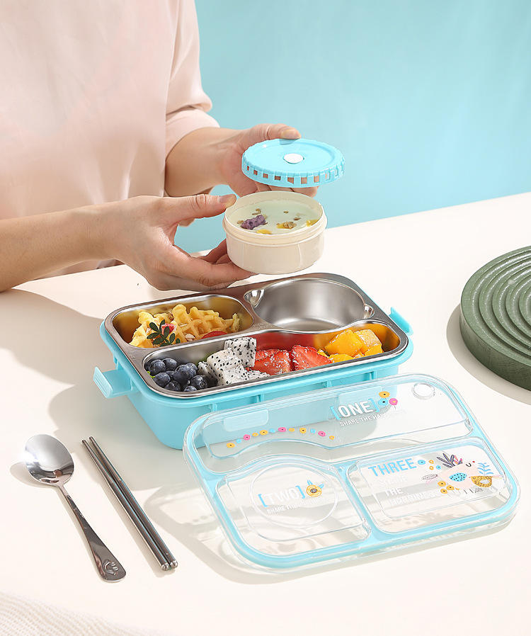 Mini Muffets Stainless Steel 3 Compartments Bento Lunch Box Airtight & Leak-Proof with Small Container for Kids & Adults