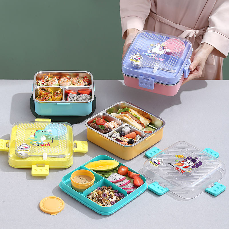 Mini Muffets Cute Themes Stainless Steel Bento Leak-Proof Lunch Box for School, 3-Compartment, Sauce Jar & Spoon