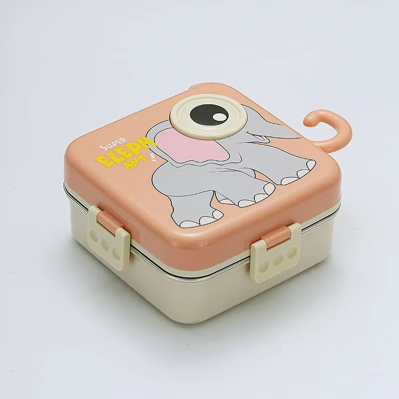 Mini Muffets Kids Elephant Theme Stainless Steel Bento Lunch Box for School, 3-Compartment, Sauce Jar & a Spoon, Leak-Proof with Seal-Ring