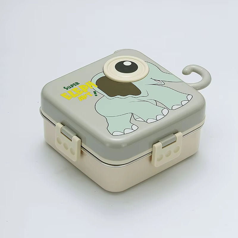 Mini Muffets Kids Elephant Theme Stainless Steel Bento Lunch Box for School, 3-Compartment, Sauce Jar & a Spoon, Leak-Proof with Seal-Ring