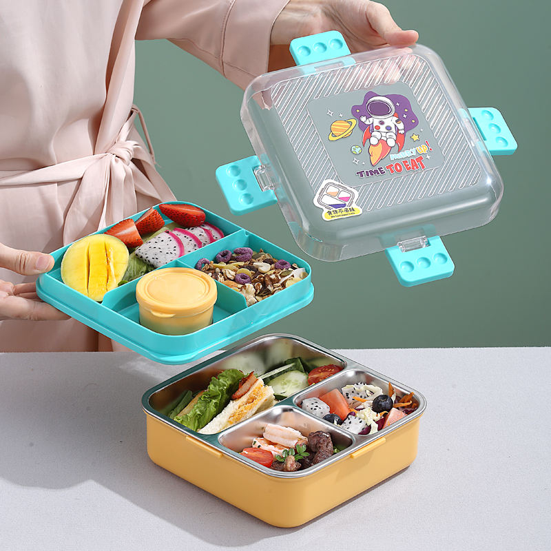 Mini Muffets Cute Themes Stainless Steel Bento Leak-Proof Lunch Box for School, 3-Compartment, Sauce Jar & Spoon