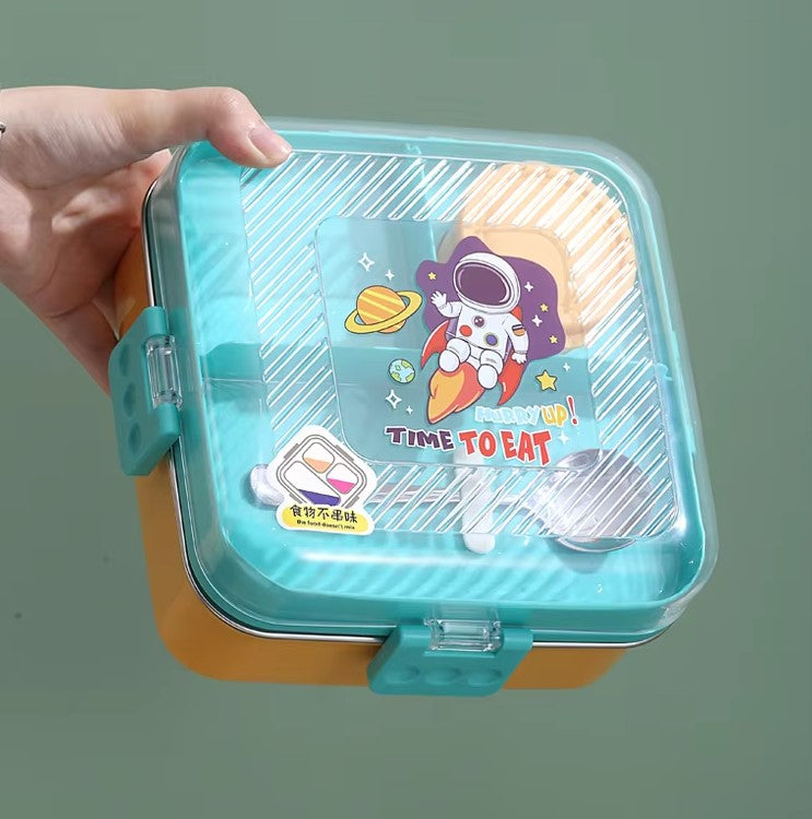 Mini Muffets Cute Themes Stainless Steel Bento Leak-Proof Lunch Box for School, 3-Compartment, Sauce Jar & Spoon