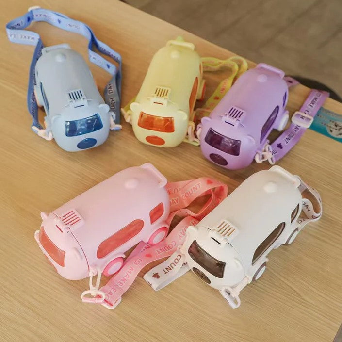 Mini Muffets Kids Bus Shaped Water Bottle Sipper with Strap, Leakproof & BPA Free 500 ML