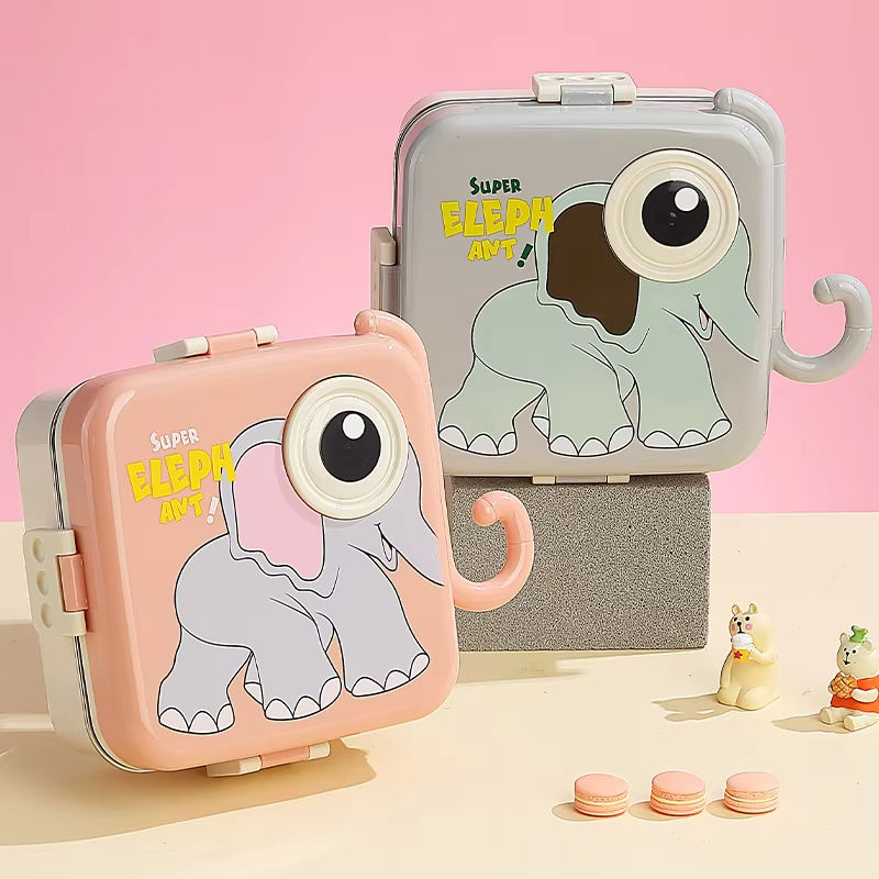 Mini Muffets Kids Elephant Theme Stainless Steel Bento Lunch Box for School, 3-Compartment, Sauce Jar &amp; a Spoon, Leak-Proof with Seal-Ring