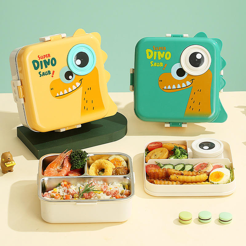 Mini Muffets Kids Fun Dino Theme Stainless Steel Bento Leak-Proof Lunch Box for School, 3-Compartment, Sauce Jar &amp; Spoon
