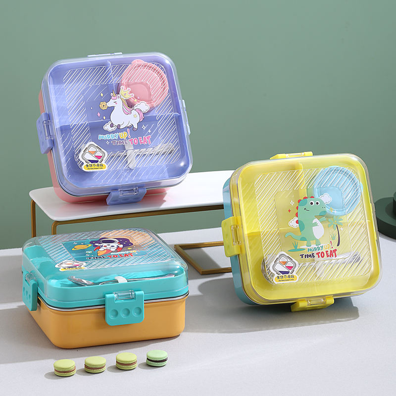 Mini Muffets Cute Themes Stainless Steel Bento Leak-Proof Lunch Box for School, 3-Compartment, Sauce Jar &amp; Spoon