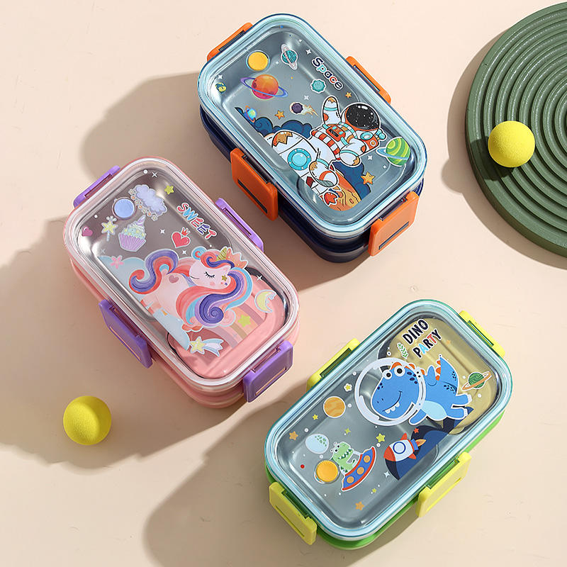 Mini Muffets 3 Compartments Double Layer Lunch Box with Small Container for Kids – Cute Unicorn, Space &amp; Dino Designs