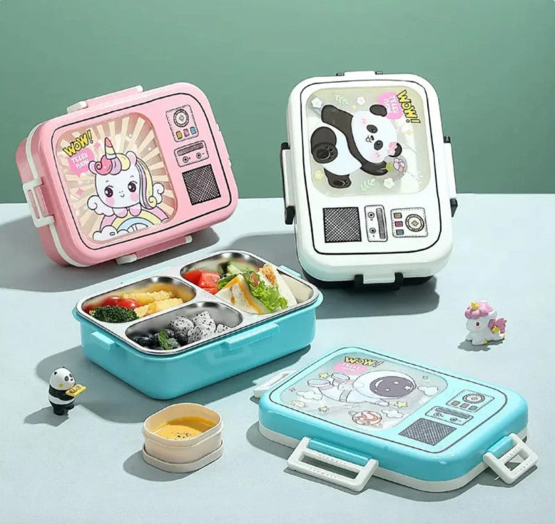 Mini Muffets Kids Unicorn Spaces Panda Themed Stainless Steel Bento Leakproof Lunch Box with 3 Compartment
