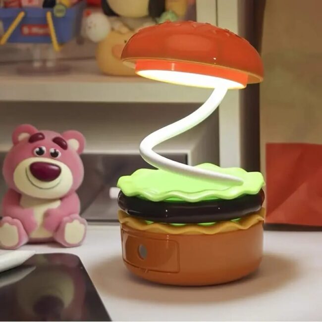 Mini Muffets Hamburger Table Lamp  Burger Design Desk Light with Built-in Sharpener &amp; Pen Holder for Kids