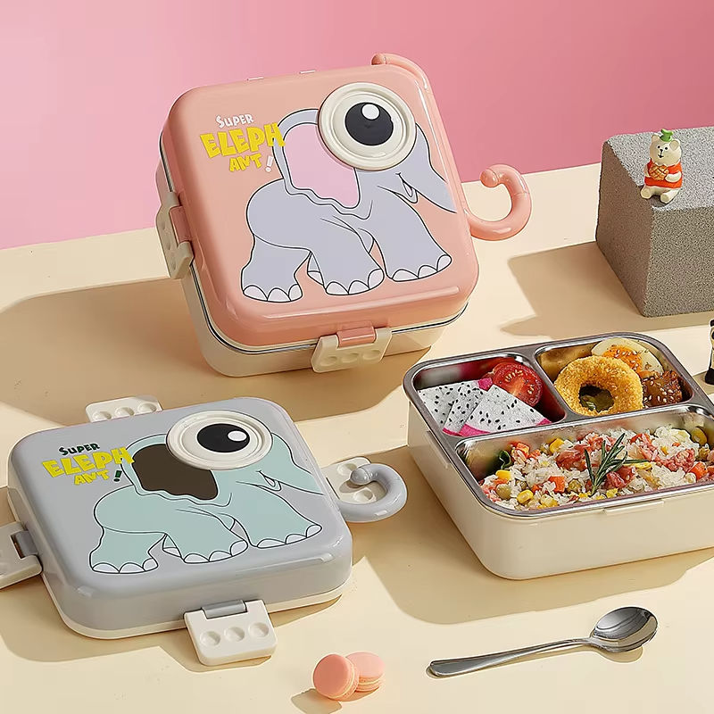 Mini Muffets Kids Elephant Theme Stainless Steel Bento Lunch Box for School, 3-Compartment, Sauce Jar &amp; a Spoon, Leak-Proof with Seal-Ring