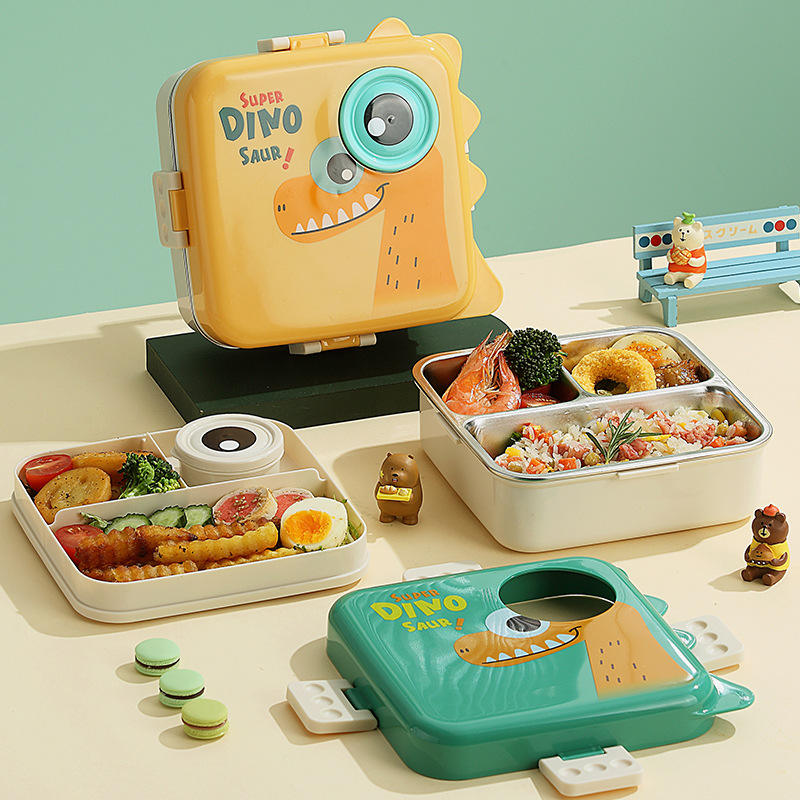 Mini Muffets Kids Fun Dino Theme Stainless Steel Bento Leak-Proof Lunch Box for School, 3-Compartment, Sauce Jar &amp; Spoon