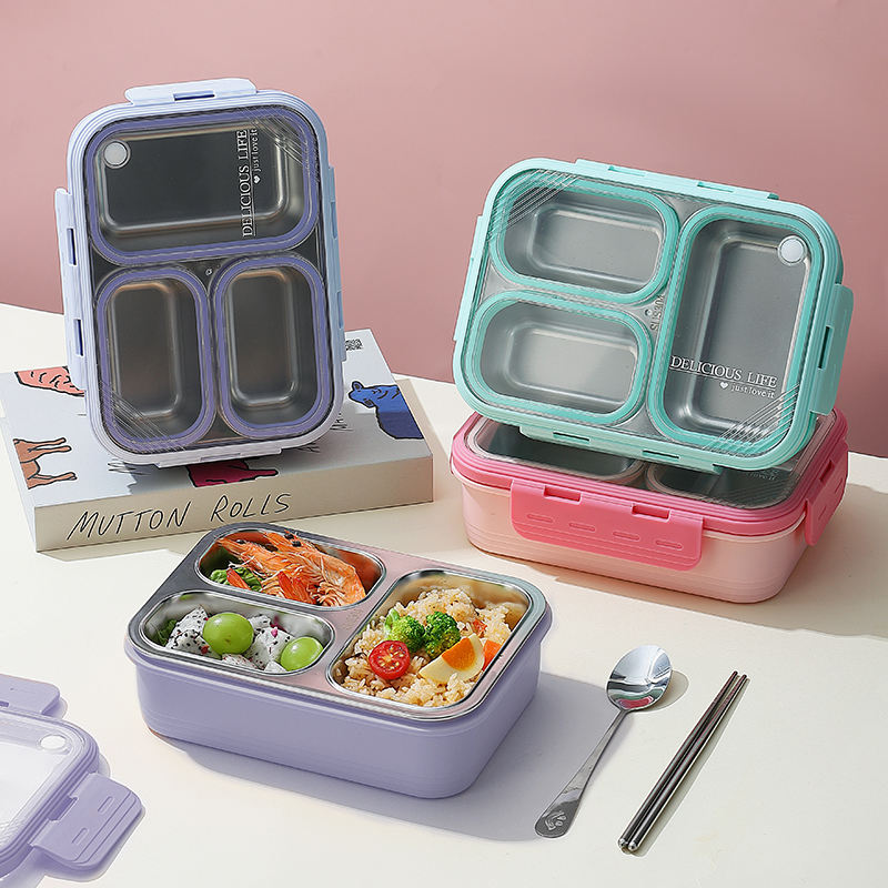 Mini Muffets Stainless Steel 3 Compartments Bento Lunch Box Airtight &amp; Leak-Proof for Kids &amp; Adults with 4-Sided Lock