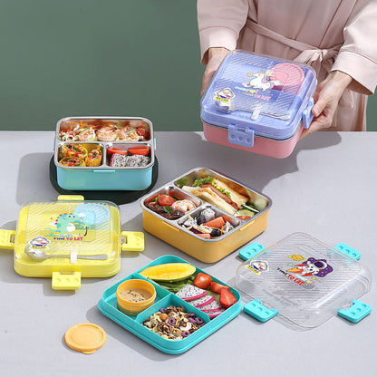Mini Muffets Cute Themes Stainless Steel Bento Leak-Proof Lunch Box for School, 3-Compartment, Sauce Jar &amp; Spoon