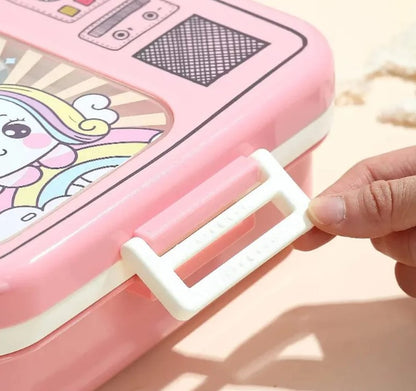 Mini Muffets Kids Unicorn Spaces Panda Themed Stainless Steel Bento Leakproof Lunch Box with 3 Compartment