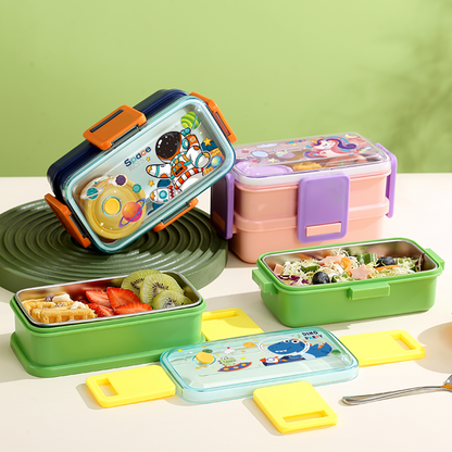 Mini Muffets 3 Compartments Double Layer Lunch Box with Small Container for Kids – Cute Unicorn, Space &amp; Dino Designs