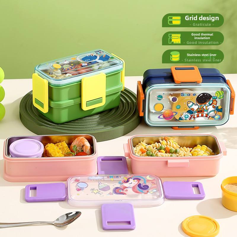 Mini Muffets 3 Compartments Double Layer Lunch Box with Small Container for Kids – Cute Unicorn, Space &amp; Dino Designs
