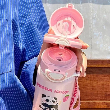 Mini Muffets Cute Panda Leakproof Stainless Steel Bottle with Strap - 600 ML