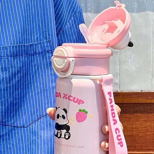 Mini Muffets Cute Panda Leakproof Stainless Steel Bottle with Strap - 600 ML